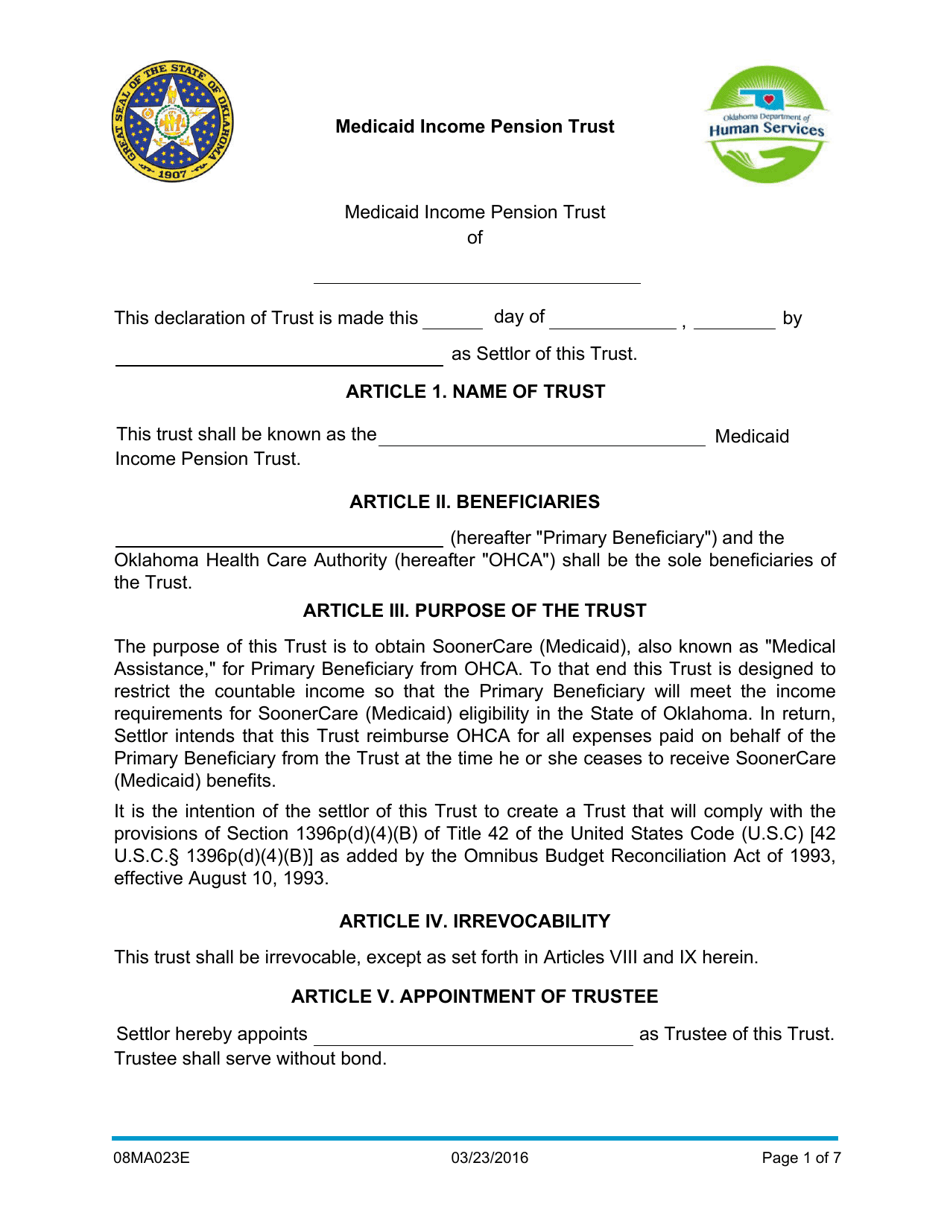 Form 08MA023E Medicaid Income Pension Trust - Oklahoma, Page 1