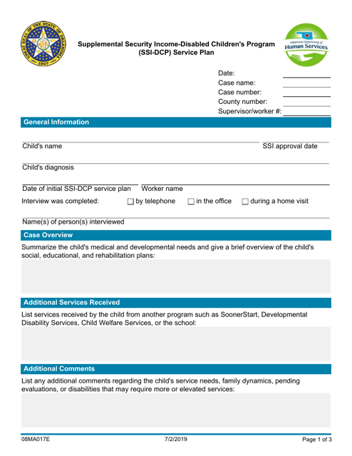 Form 08MA017E Ssi-Dcp Service Plan - Oklahoma