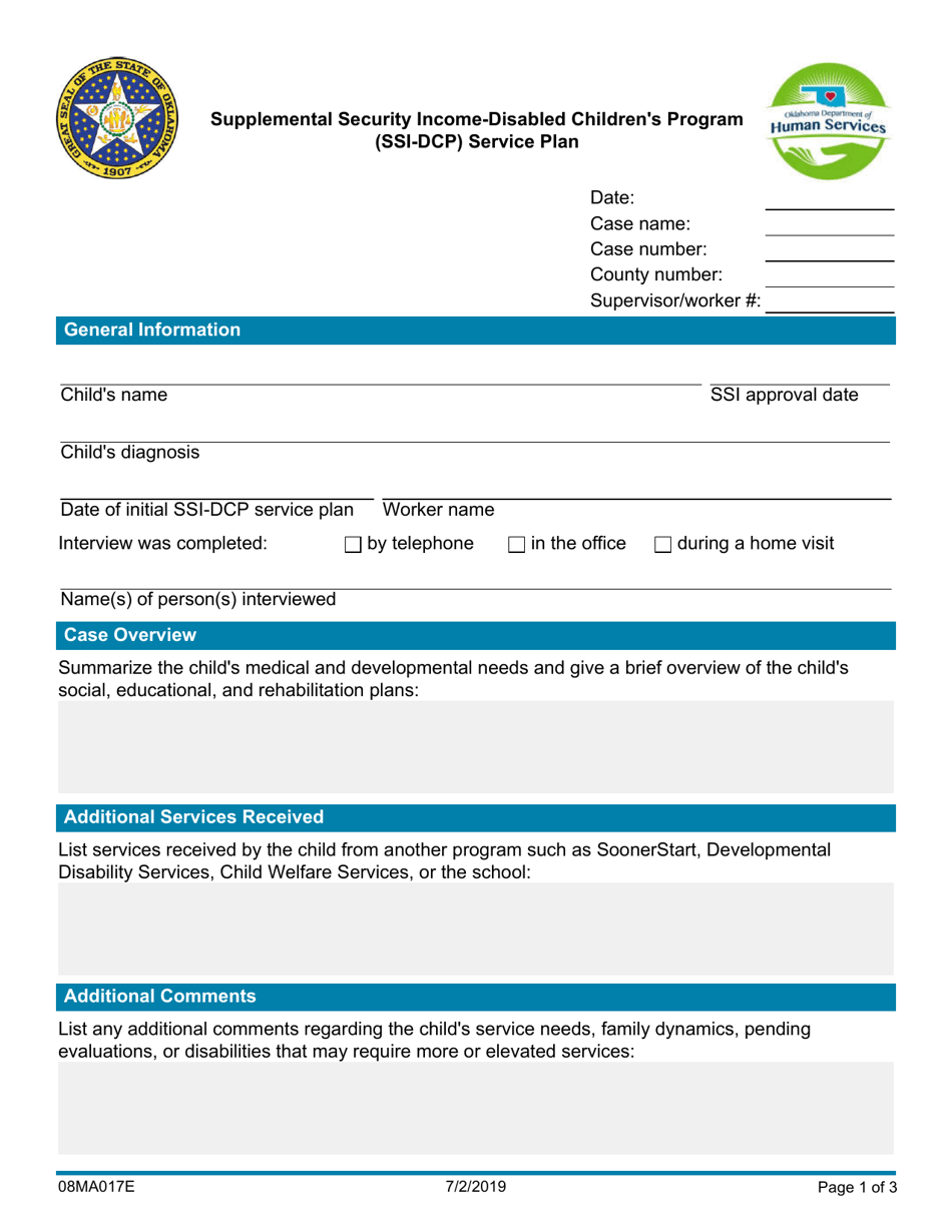 Form 08MA017E Ssi-Dcp Service Plan - Oklahoma, Page 1