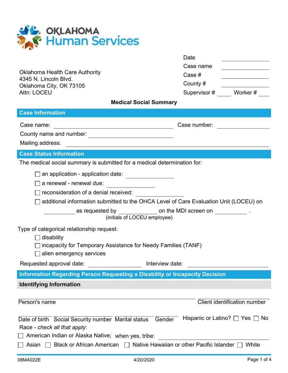Form 08MA022E Medical Social Summary - Oklahoma, Page 1