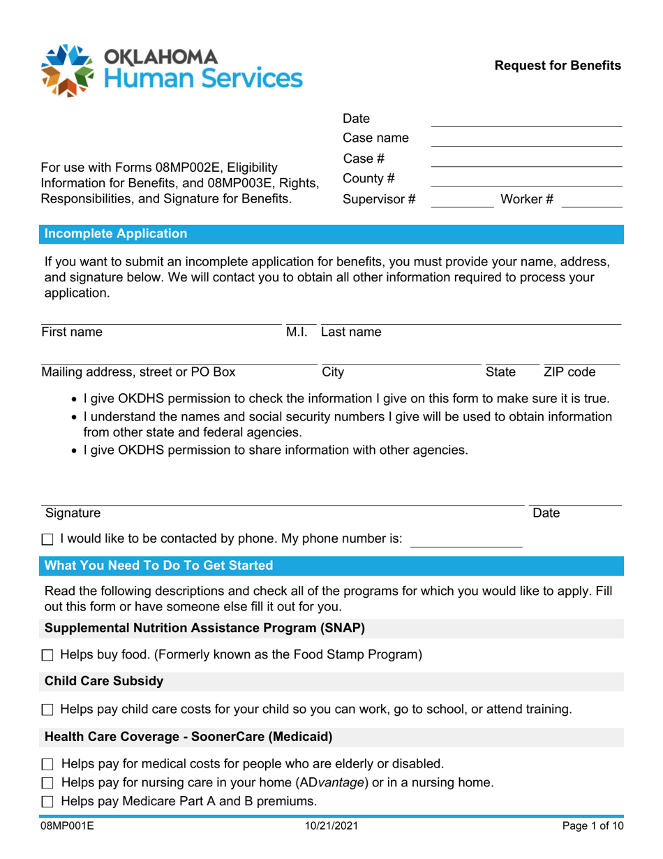 Form 08MP001E Request for Benefits - Oklahoma, Page 1