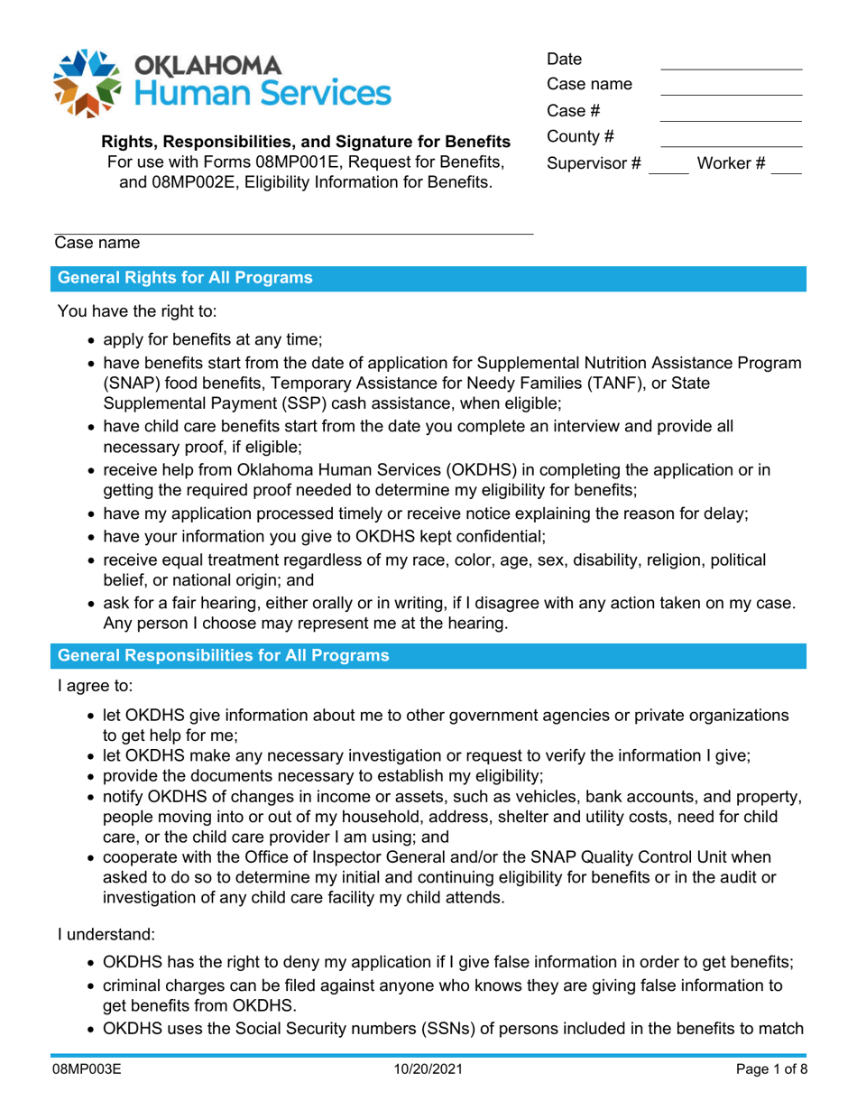 Form 08MP003E Responsibilities and Signature for Benefits - Oklahoma, Page 1