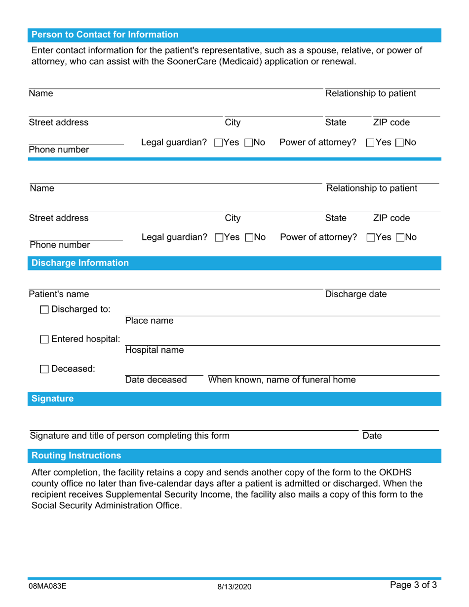 Form 08MA083E Notification Regarding Patient in a Nursing Facility - Oklahoma, Page 3