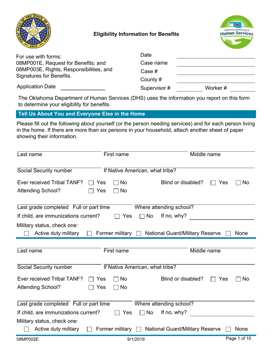 Form 08MP002E Eligibility Information for Benefits - Oklahoma, Page 1