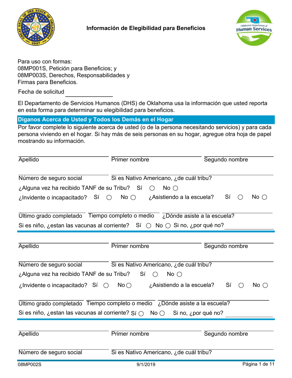 Formulario 08MP002S Informacion De Elegibilidad Para Beneficios - Oklahoma (Spanish), Page 1