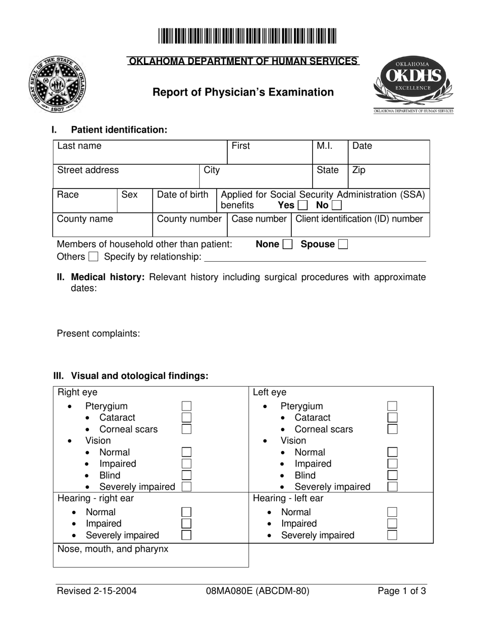 Form 08MA080E (ABCDM-80) Report of Physicians Examination - Oklahoma, Page 1