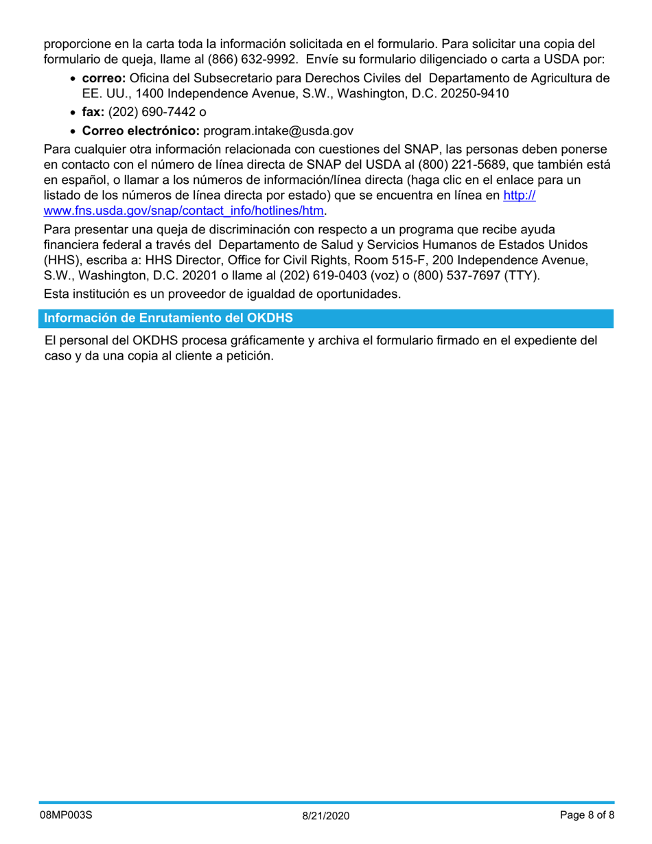 Formulario 08MP003S (FSS-1-B) Derechos, Responsabilidades Y Firma Para Beneficios - Oklahoma (Spanish), Page 8
