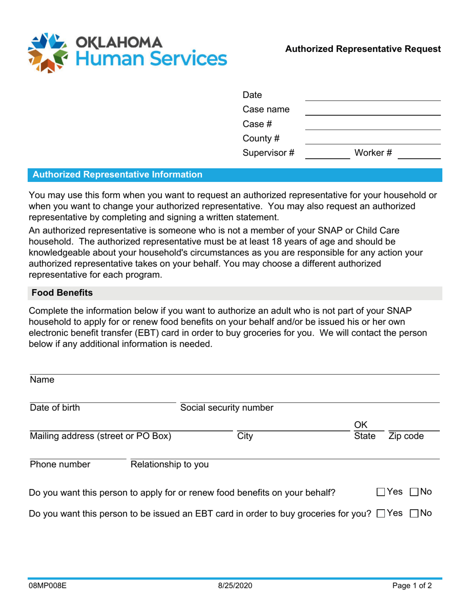 Form 08MP008E Authorized Representative Request - Oklahoma, Page 1