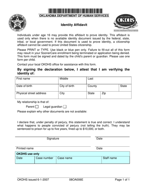 Form 08OA006E Identity Affidavit - Oklahoma