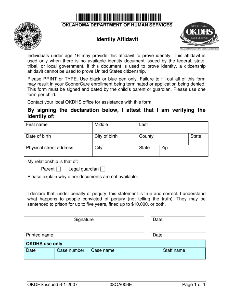 Form 08OA006E Identity Affidavit - Oklahoma, Page 1