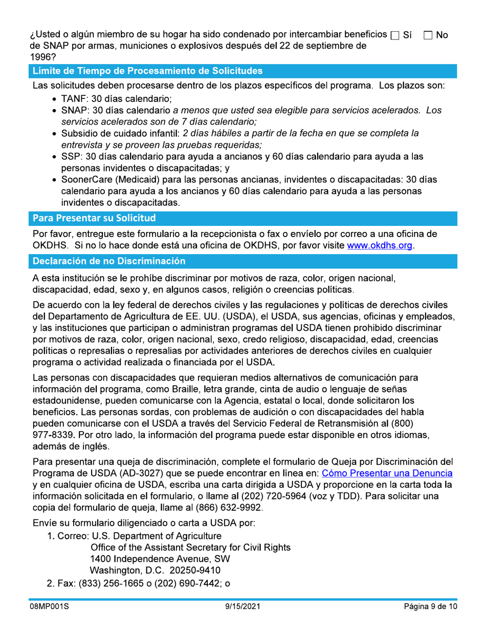 Formulario 08MP001S Solicitud De Beneficios - Oklahoma (Spanish), Page 9