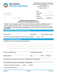Form 08RV001E Respite Voucher Application for Children With Special Health Care Needs - Oklahoma