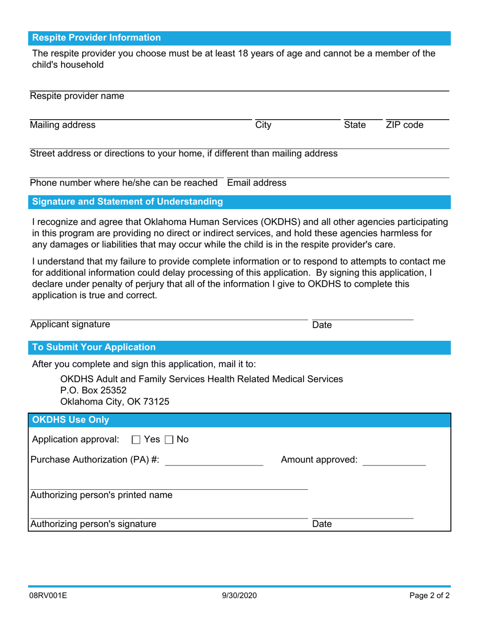 Form 08RV001E Respite Voucher Application for Children With Special Health Care Needs - Oklahoma, Page 2