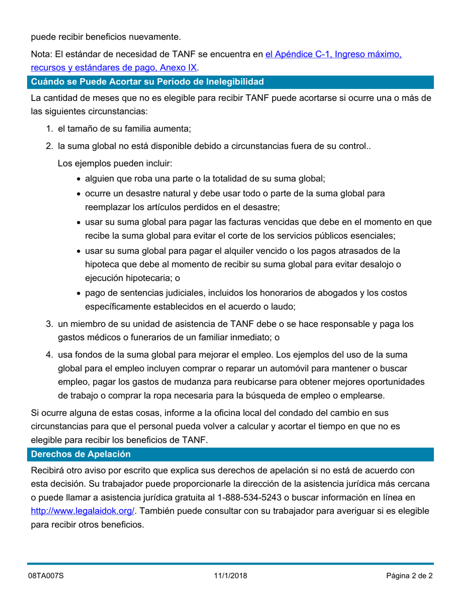 Formulario 08TA007S Aviso De Denegacion O Cierre De Suma Global - Oklahoma (Spanish), Page 2