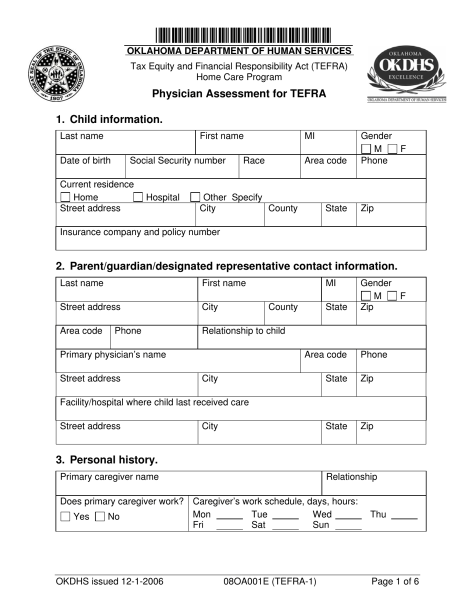 Form 08OA001E (TEFRA-1) Physician Assessment for Tefra - Oklahoma, Page 1