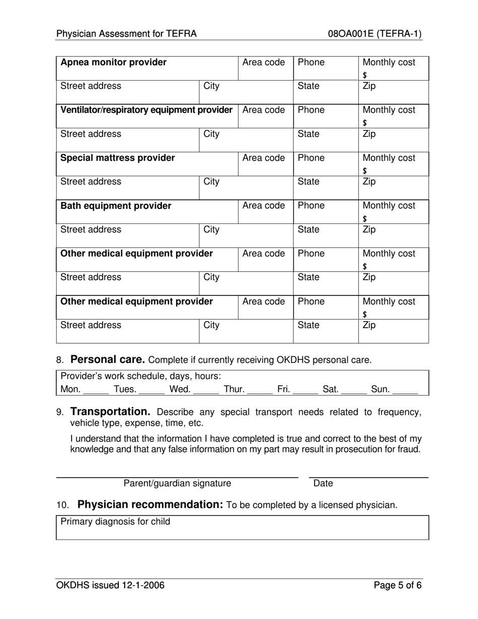 Form 08OA001E (TEFRA-1) Physician Assessment for Tefra - Oklahoma, Page 5