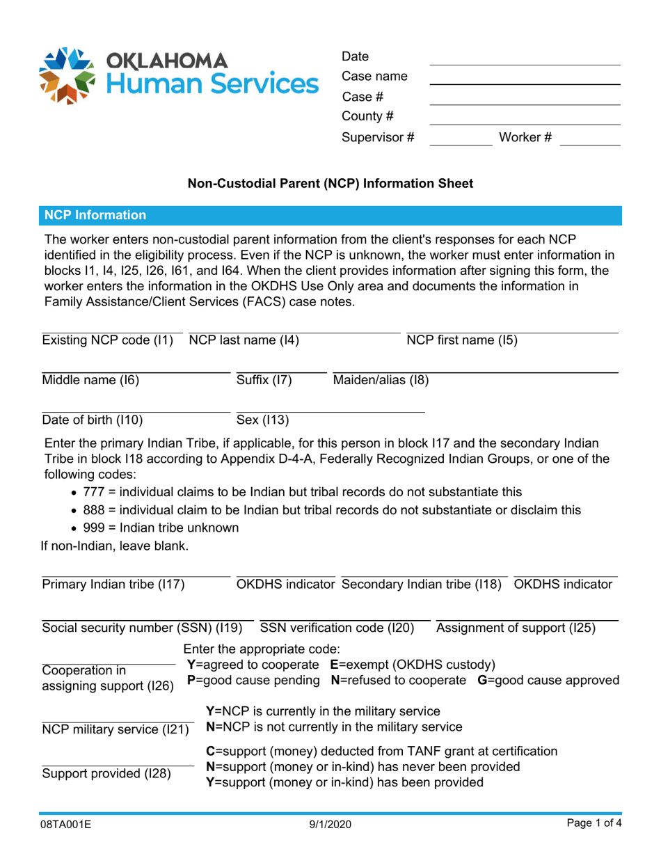 Form 08TA001E Non-custodial Parent (Ncp) Information Sheet - Oklahoma, Page 1