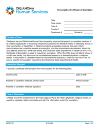 Document preview: Form 08TA017E Immunization Certificate of Exemption - Oklahoma