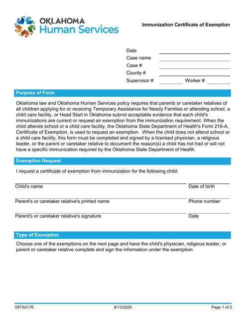 Form 08TA017E Immunization Certificate of Exemption - Oklahoma