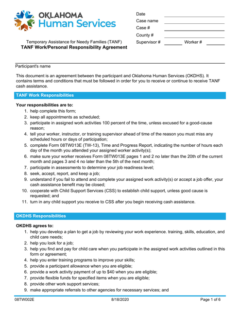 Form 08TW002E TANF Work/Personal Responsibility Agreement - Oklahoma