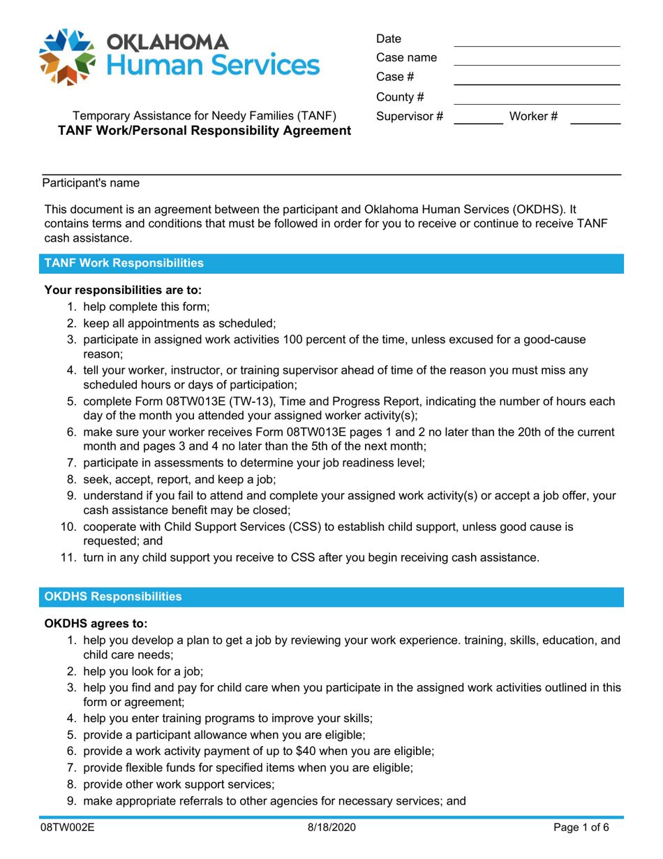 Form 08TW002E TANF Work / Personal Responsibility Agreement - Oklahoma, Page 1