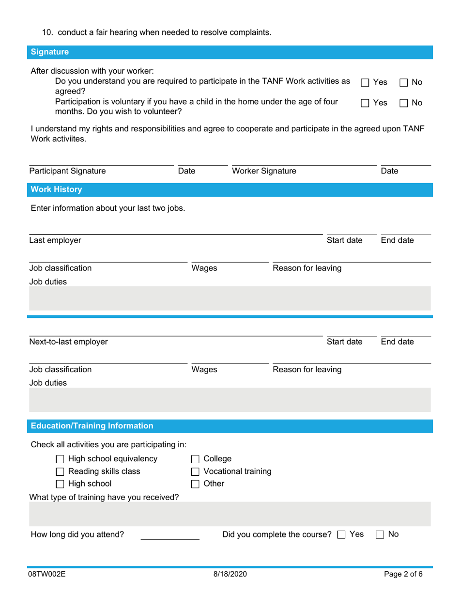 Form 08TW002E TANF Work / Personal Responsibility Agreement - Oklahoma, Page 2