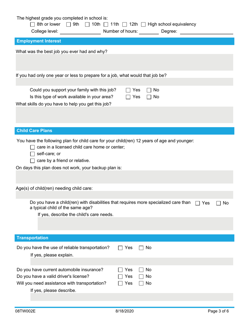 Form 08TW002E TANF Work / Personal Responsibility Agreement - Oklahoma, Page 3