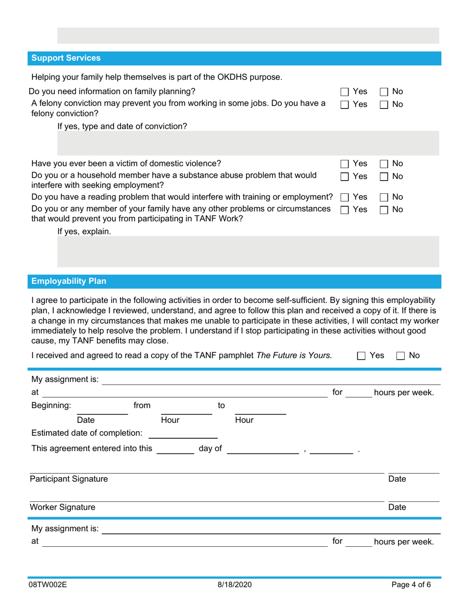 Form 08TW002E TANF Work / Personal Responsibility Agreement - Oklahoma, Page 4