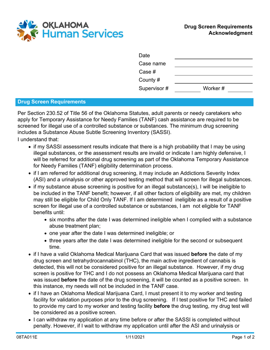 Form 08TA011E Drug Screen Requirements Acknowledgment - Oklahoma, Page 1