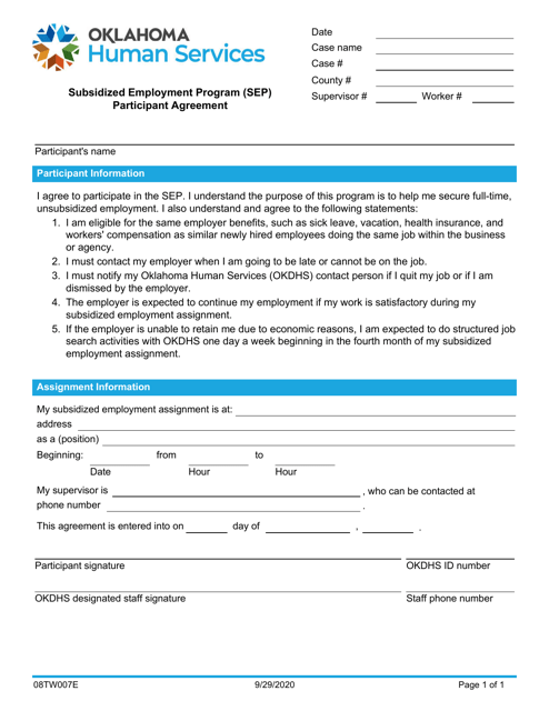 Form 08TW007E Subsidized Employment Program (Sep) Participant Agreement - Oklahoma