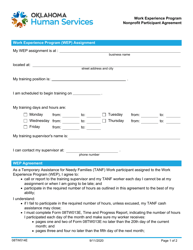 Form 08TW014E Nonprofit Participant Agreement - Work Experience Program - Oklahoma