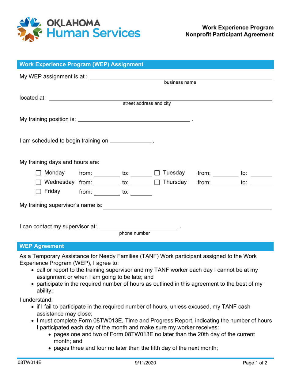 Form 08TW014E Nonprofit Participant Agreement - Work Experience Program - Oklahoma, Page 1