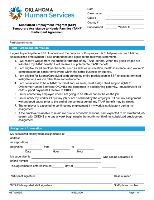 Form 08TW006E Temporary Assistance to Needy Families (TANF) Participant Agreement - Subsidized Employment Program (Sep) - Oklahoma