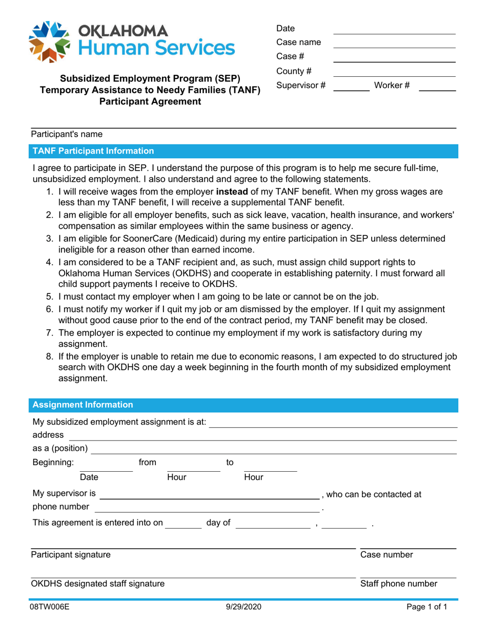 Form 08TW006E Temporary Assistance to Needy Families (TANF) Participant Agreement - Subsidized Employment Program (Sep) - Oklahoma, Page 1