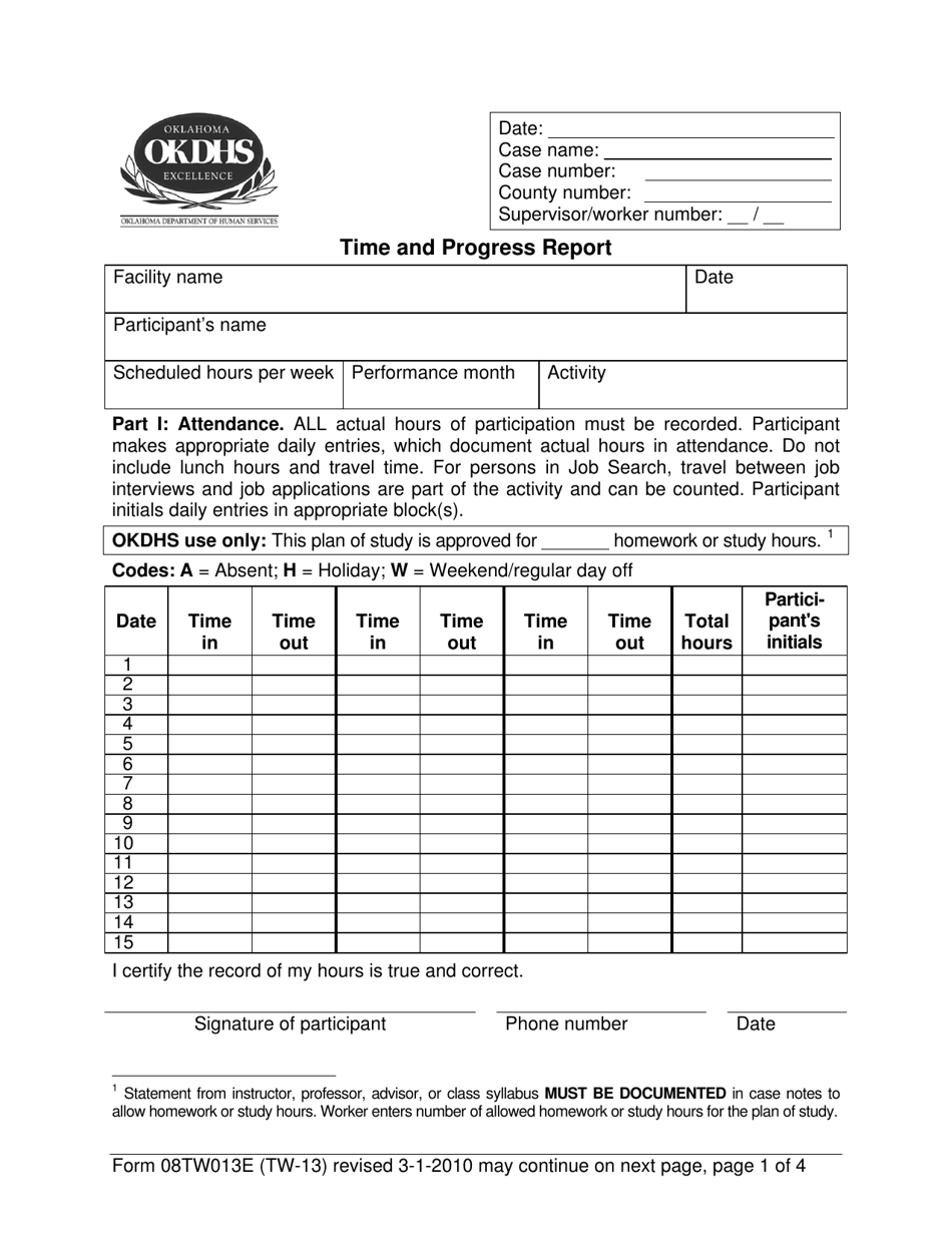 Form 08TW013E (TW-13) Time and Progress Report - Oklahoma, Page 1