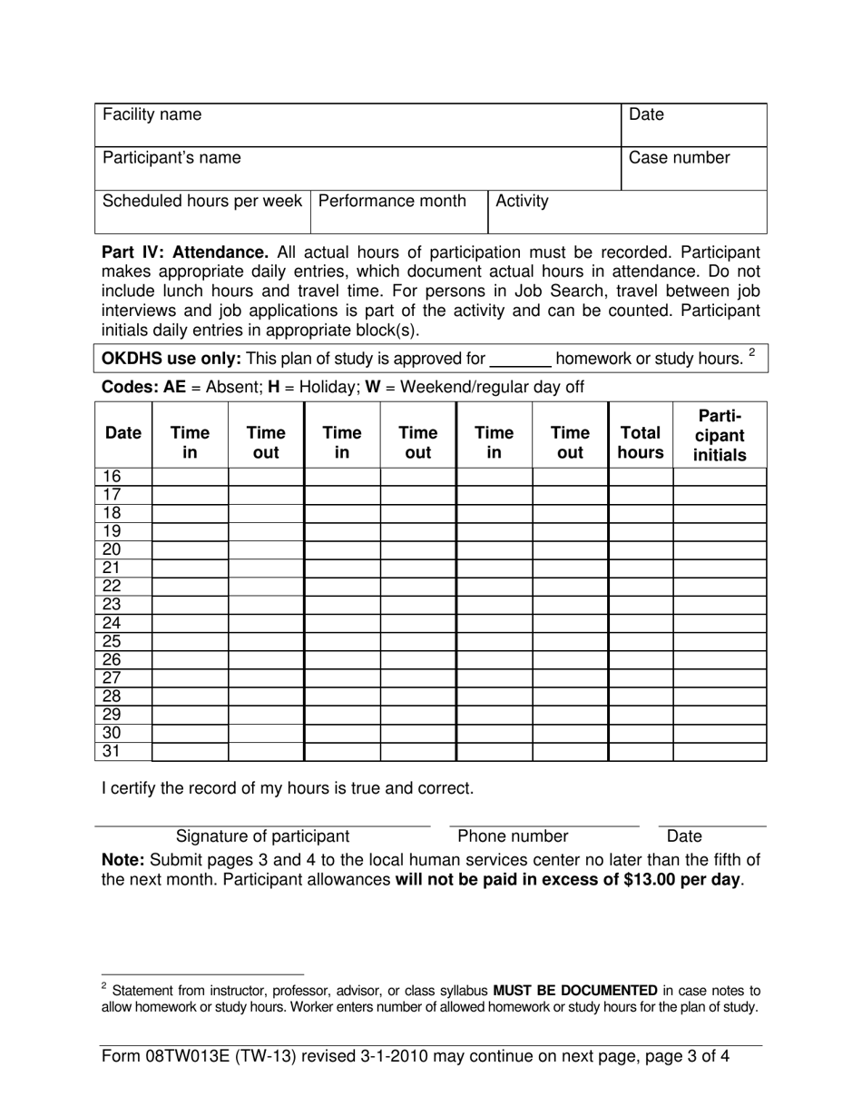 Form 08TW013E (TW-13) Time and Progress Report - Oklahoma, Page 3