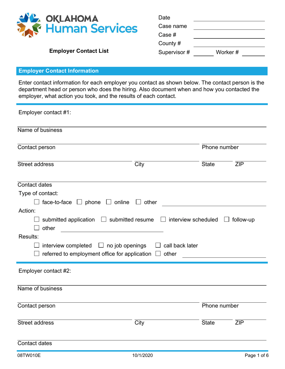 Form 08TW010E Employer Contact List - Oklahoma, Page 1