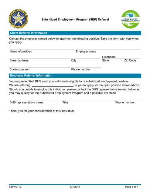 Form 08TW011E (TW-11) Subsidized Employment Program (Sep) Referral - Oklahoma