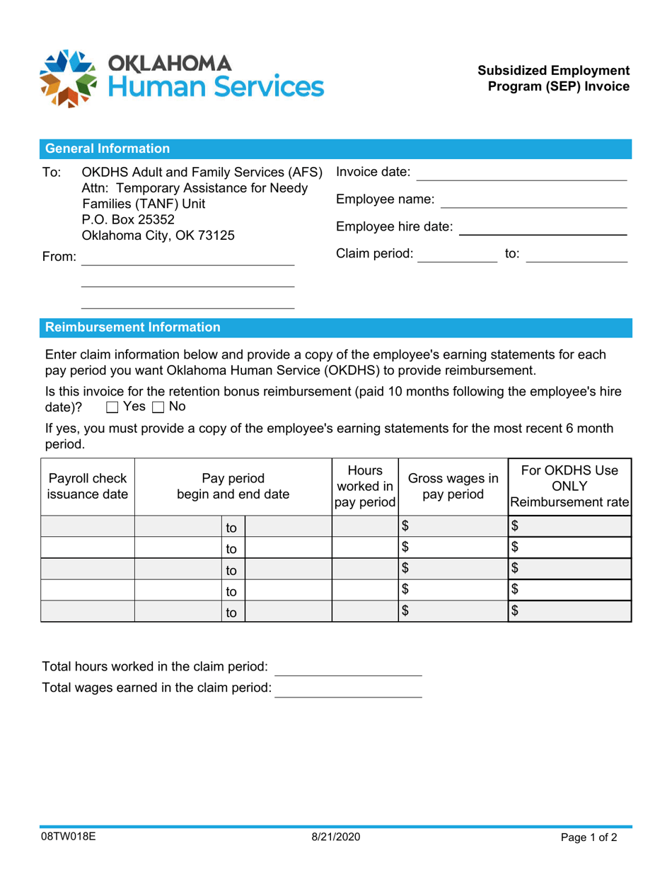Form 08TW018E Subsidized Employment Program (Sep) Invoice - Oklahoma, Page 1
