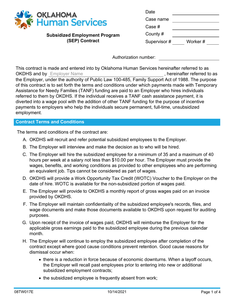 Form 08TW017E Subsidized Employment Program (Sep) Contract - Oklahoma, Page 1