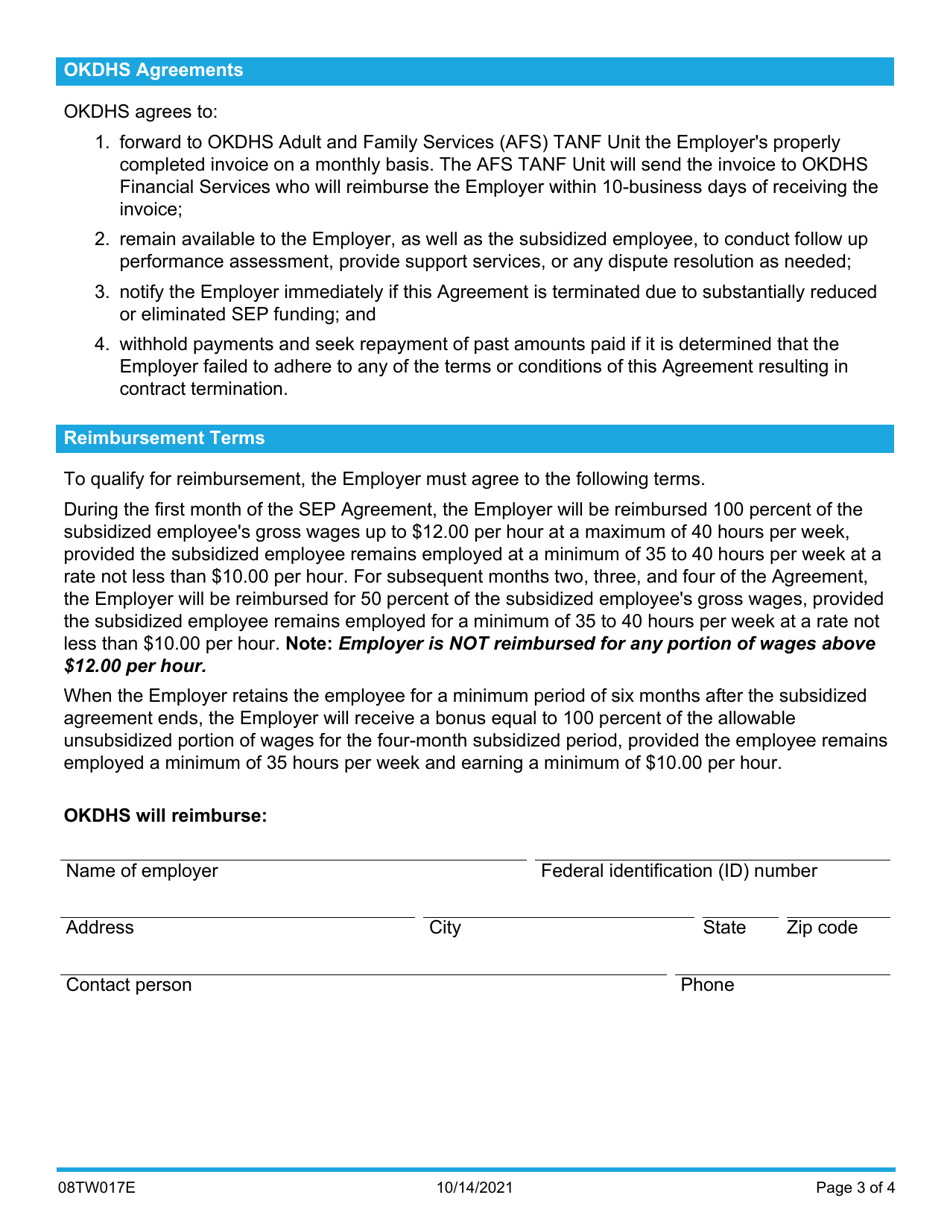 Form 08TW017E Subsidized Employment Program (Sep) Contract - Oklahoma, Page 3