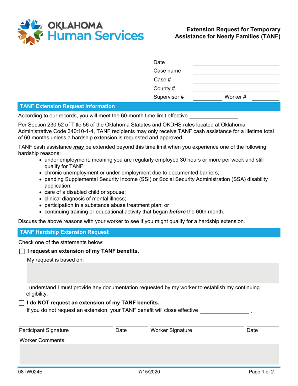 Form 08TW024E (TW-24) Extension Request for Temporary Assistance for Needy Families (TANF) - Oklahoma, Page 1