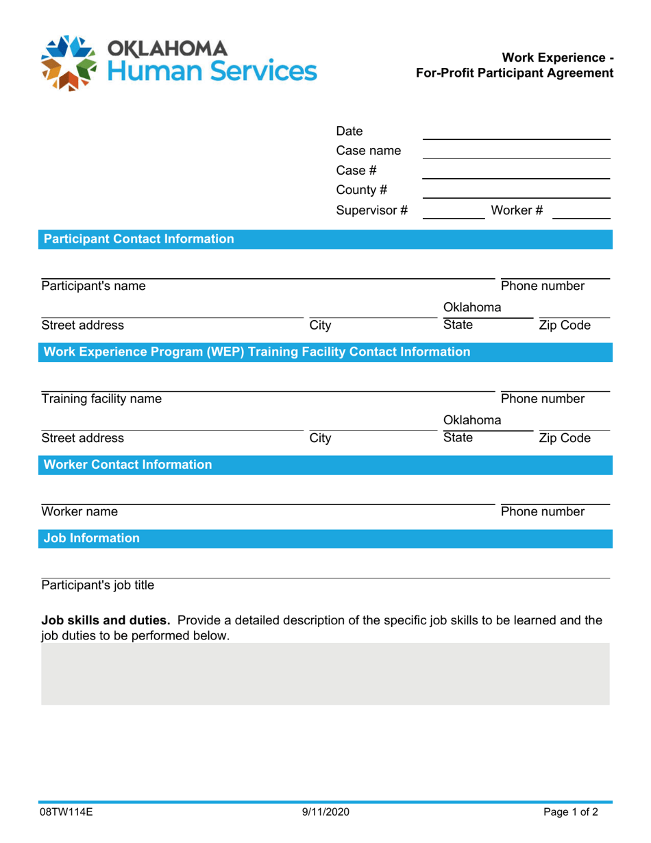 Form 08TW114E (TW-14-A) For-Profit Participant Agreement - Work Experience Program - Oklahoma, Page 1