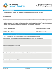 Form 08TW115E (TW-15A) For-Profit Training Agreement - Work Experience Program - Oklahoma