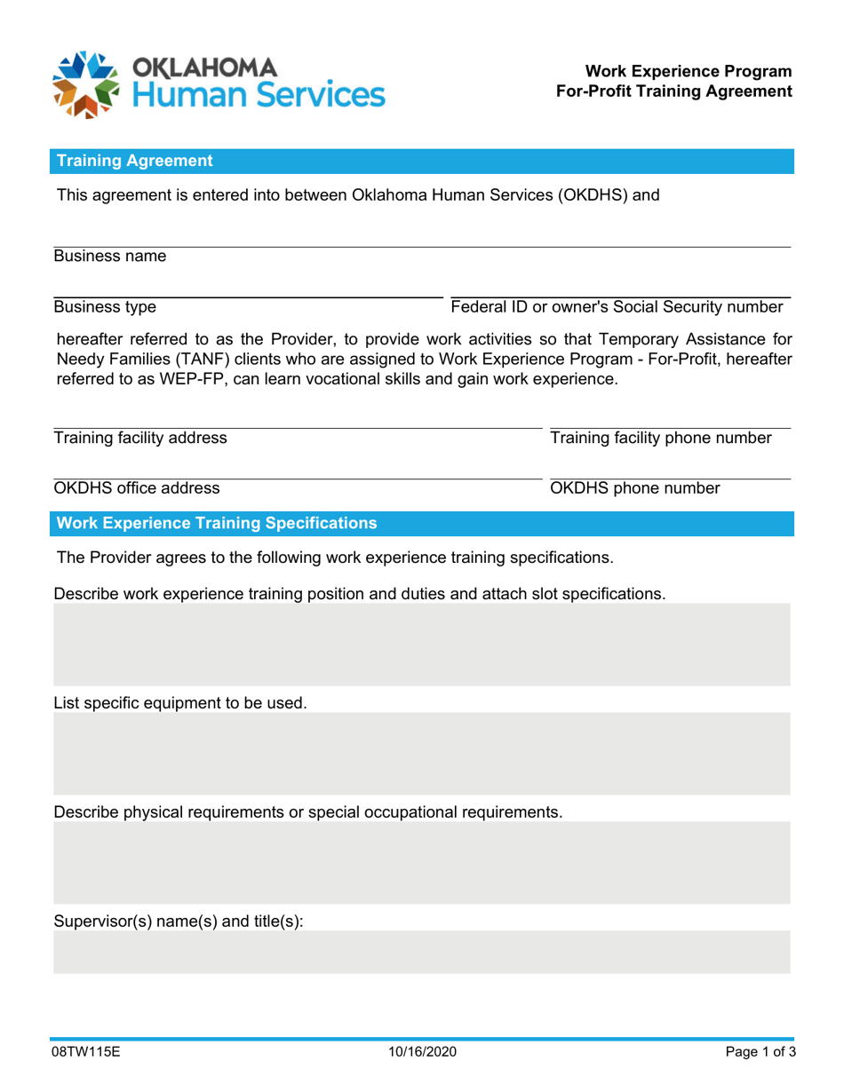 Form 08TW115E (TW-15A) For-Profit Training Agreement - Work Experience Program - Oklahoma, Page 1