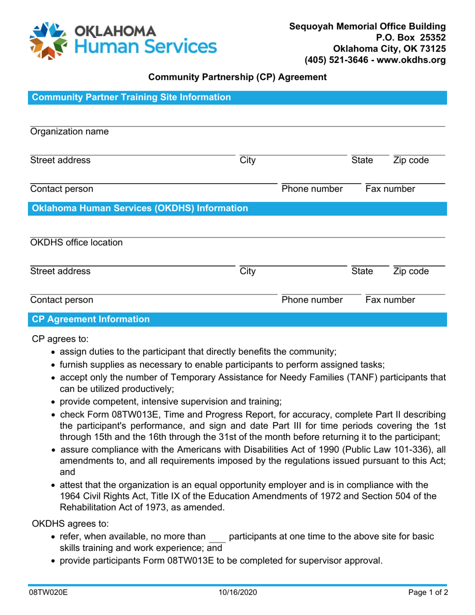 Form 08TW020E Community Partnership (Cp) Agreement - Oklahoma, Page 1