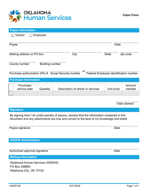 Form 10AD012E (ADM-12) Claim Form - Oklahoma