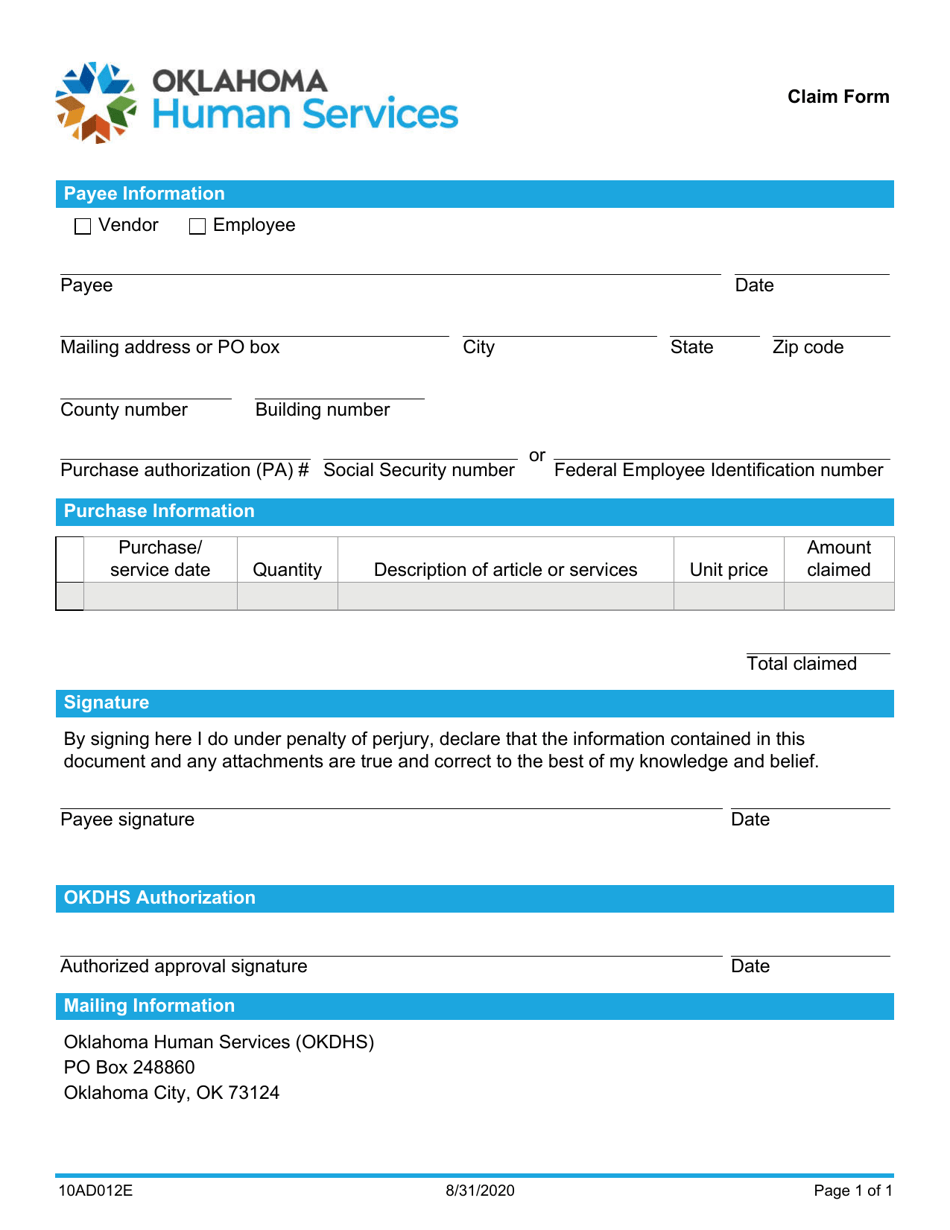 Form 10AD012E (ADM-12) Claim Form - Oklahoma, Page 1