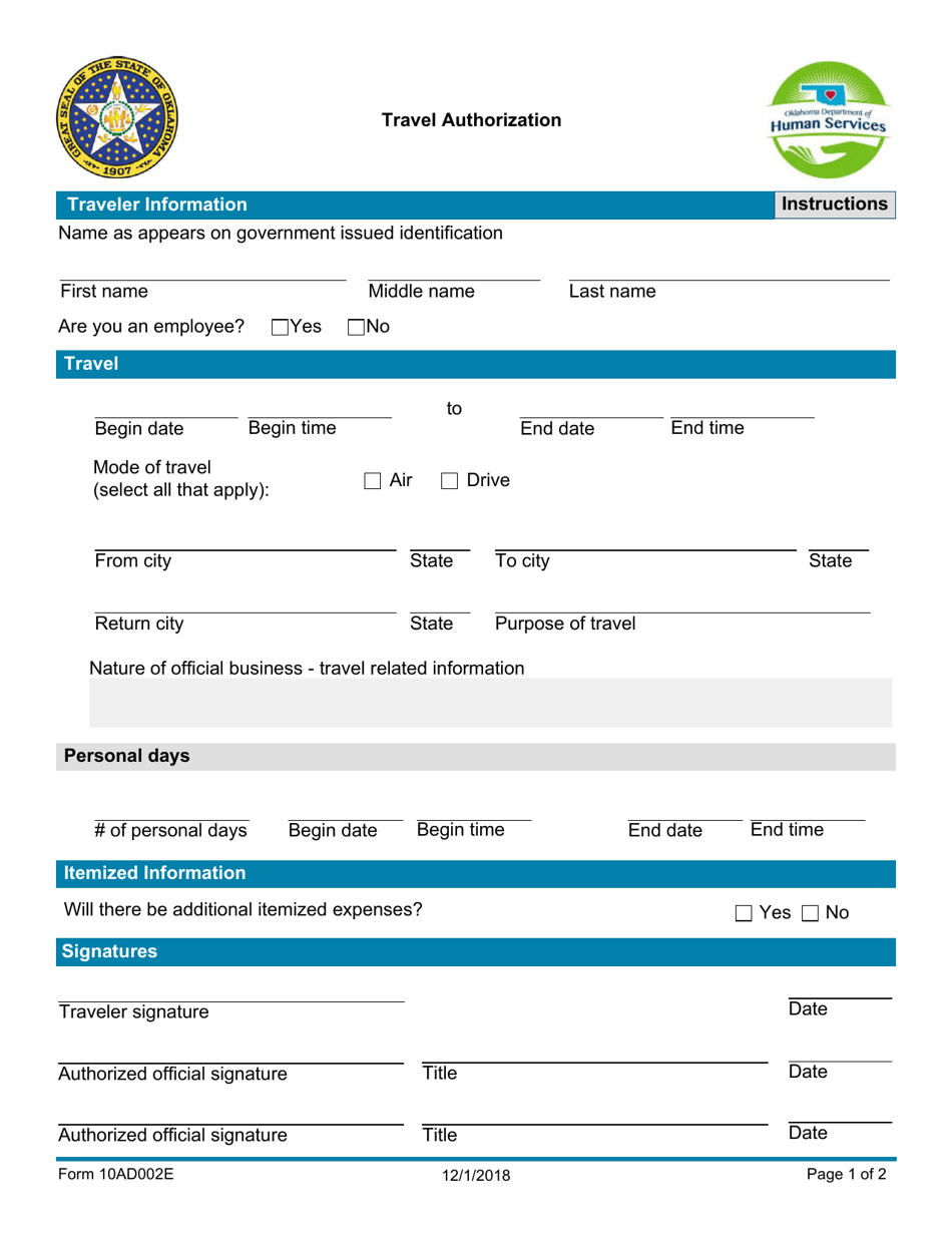 Form 10AD002E Travel Authorization - Oklahoma, Page 1