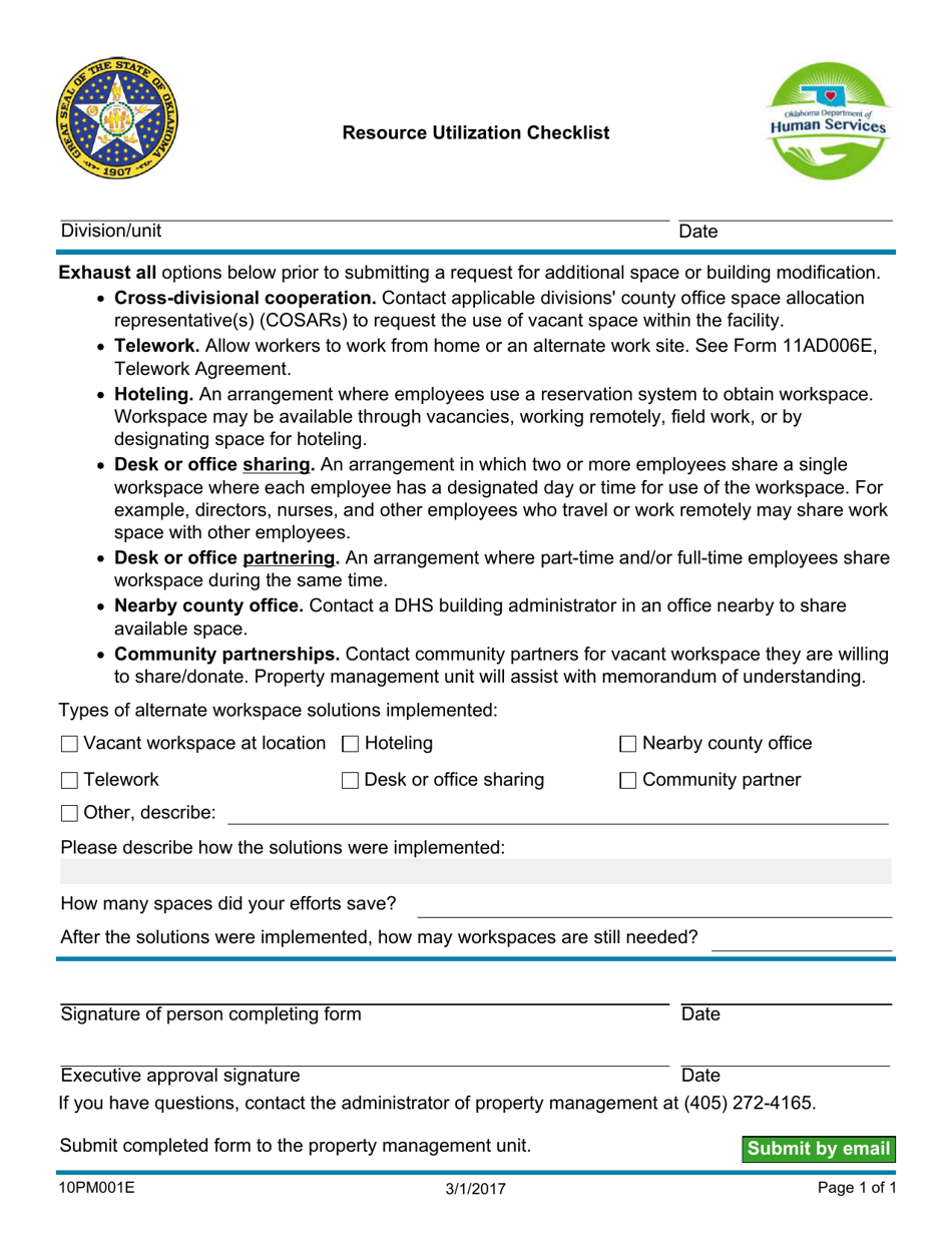 Form 10PM001E Resource Utilization Checklist - Oklahoma, Page 1